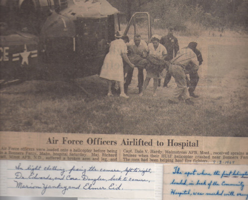 In September 1967, Cora Douglas, RN and Marion Yankey, RN showed us nurses in action, in crisp uniforms, stockings, heels and their caps firmly anchored on their heads, all while unloading a helicopter. This image was found in a scrapbook at the hospital.