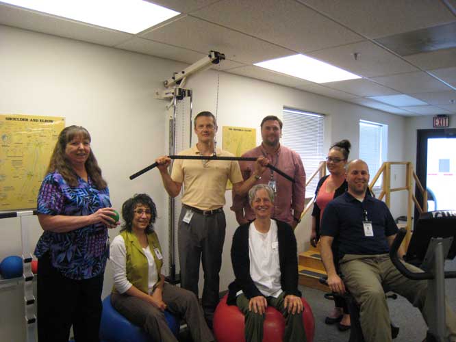 The Outstanding Rehabilitation Team at Boundary Community Hospital Standing, from left to right: Sue Lombard, Occupational Therapist; Didier Balcaen, Physical Therapist; Rob Aronow, Speech Therapist; Katie Blumenauer, Admin Assistant/Scheduler Sitting, from left to right: Tammy Edge, Physical Therapist Assistant; Petra Timmermans, Physical Therapist and Department Manager; and Jeff Petersen, Physical Therapist