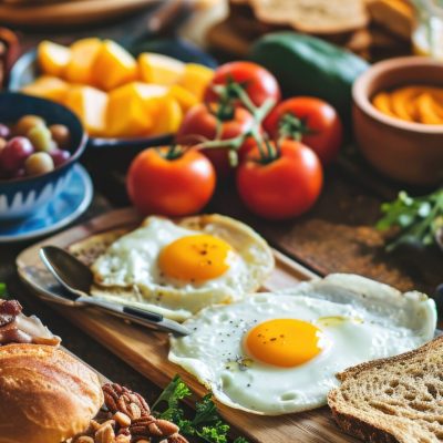 Variety of foods on breakfast table